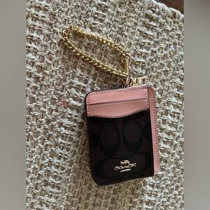 Coach Pink and Brown Card Holder with Gold Chain